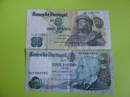 2 im Set Banknoten Portugal 20 Escudos, gebraucht
