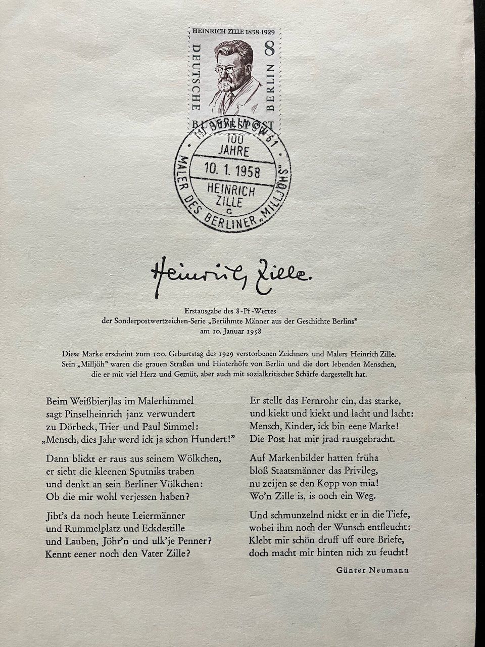 Tutti i francobolli: Berlin 1958 - Portraitmarken auf Blatt – Usato da Nesslau venduto da zueri6 1