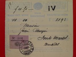 1884, Geldanweisung von CHAUX-DE-FONDS nach "Ponts MARTEL"