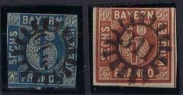 Bayrische 6 Kreuzer Briefmarken ca.1850/60mit Mühlradstempel