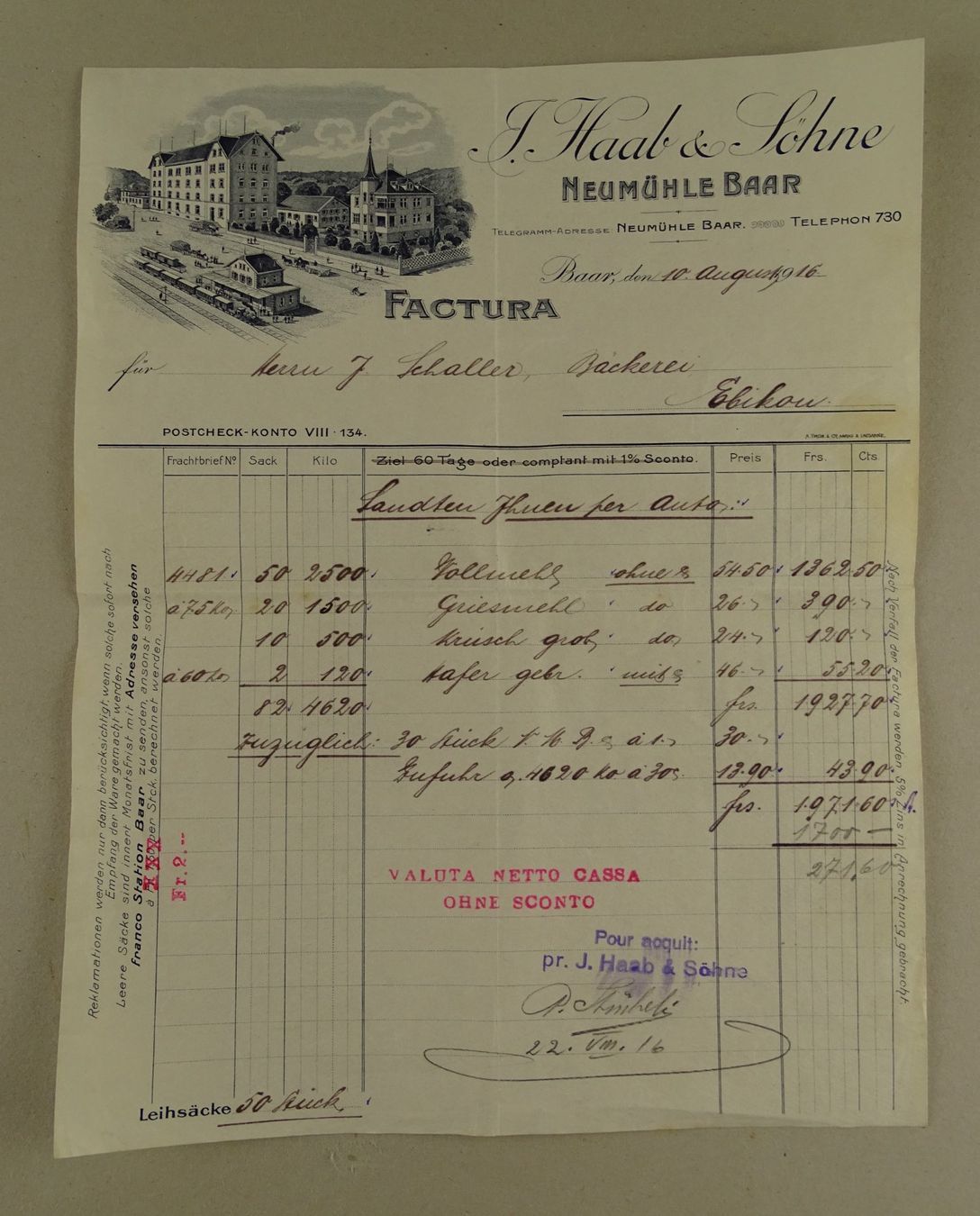 Dokumente: NEUMÜHLE BAAR, FACTURA 1916 – Gebraucht aus Grüningen von Kartensammler