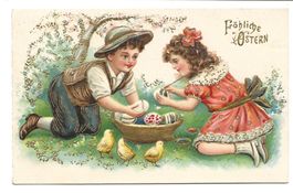 Fröhliche Ostern - Kinder Eier bemalen - Küken - Präge-Litho