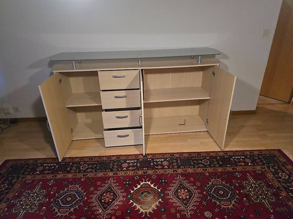 Cassettiere: Kommode Sideboard mit Glasplatte helle Holzoptik 4 Schubl... – Usato da ramiswil venduto da saboli01 2