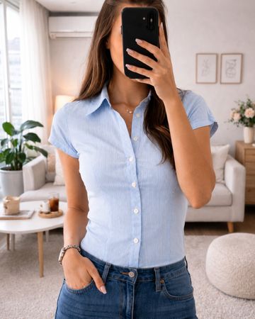 Elegante hellblaue Kurzarmbluse mit feinem Karomuster