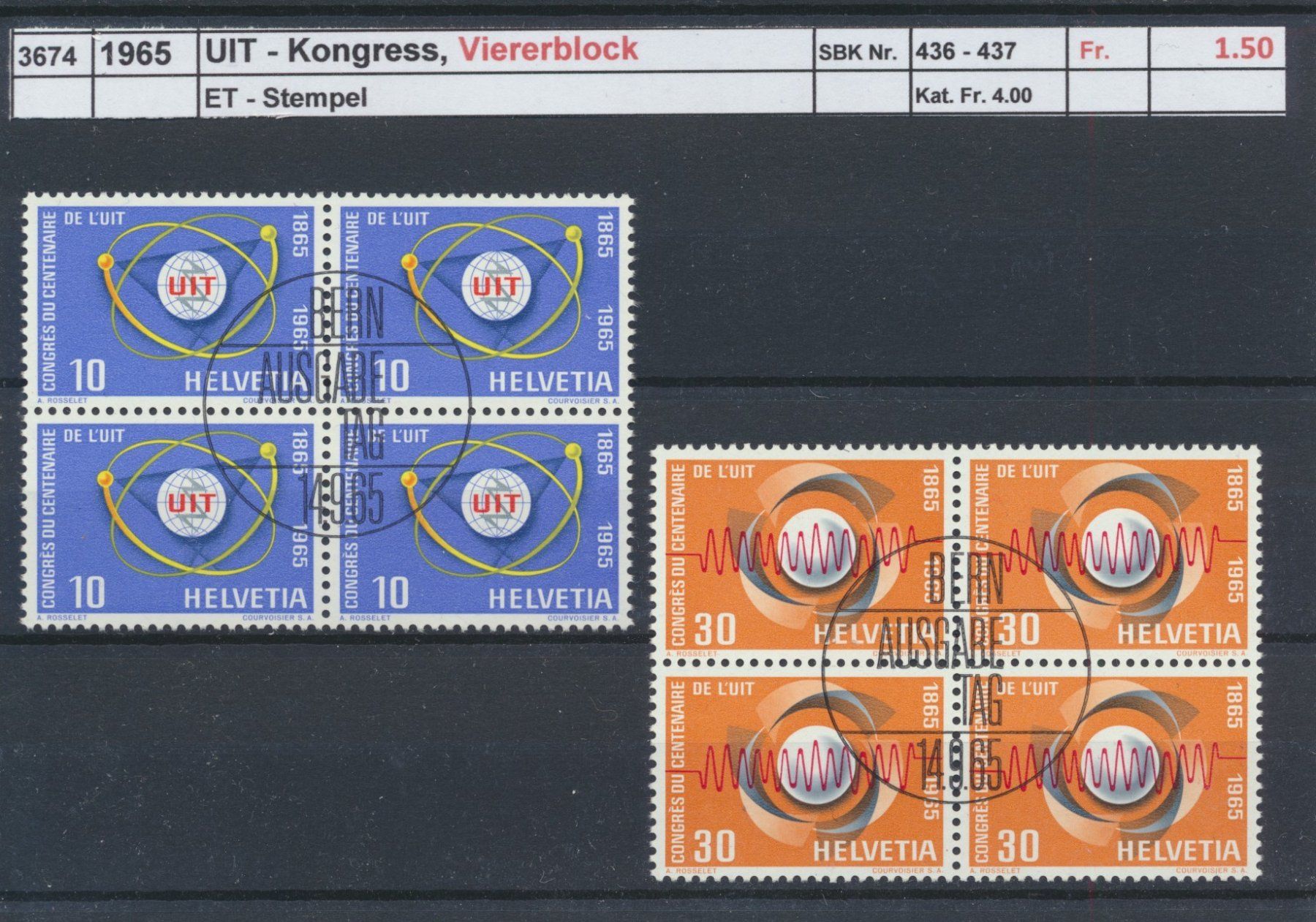 Tutti i francobolli: 1965 "UIT - Kongress", Viererblock, ET - Stempel – Usato da Winterthur venduto da Zupogeru