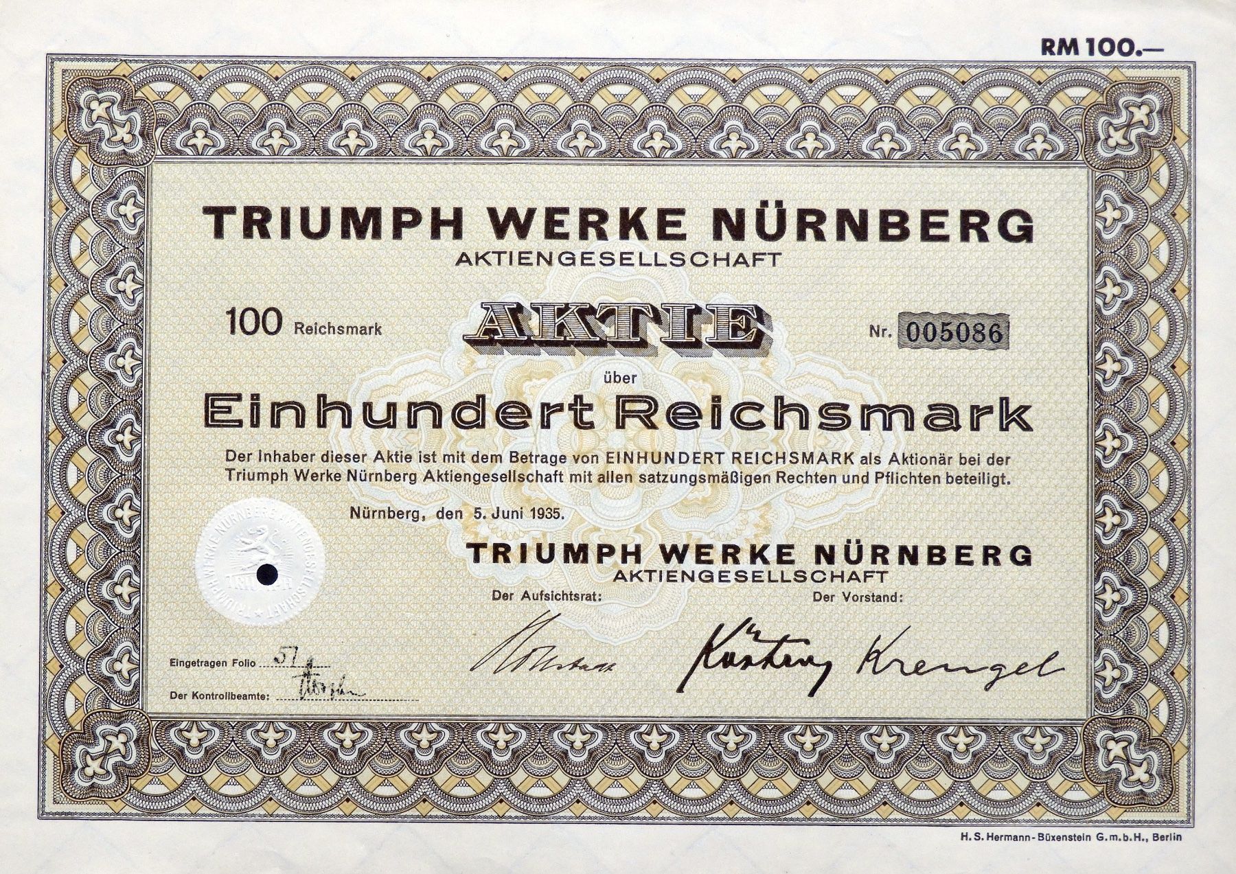 Documenti: Triumph Werke Nürnberg AG, Nürnberg - 1935 – Usato da Solothurn venduto da Sgasche
