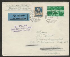 Flugpost Schweiz 1933 Basel Oslo Nachtflug Luftpost