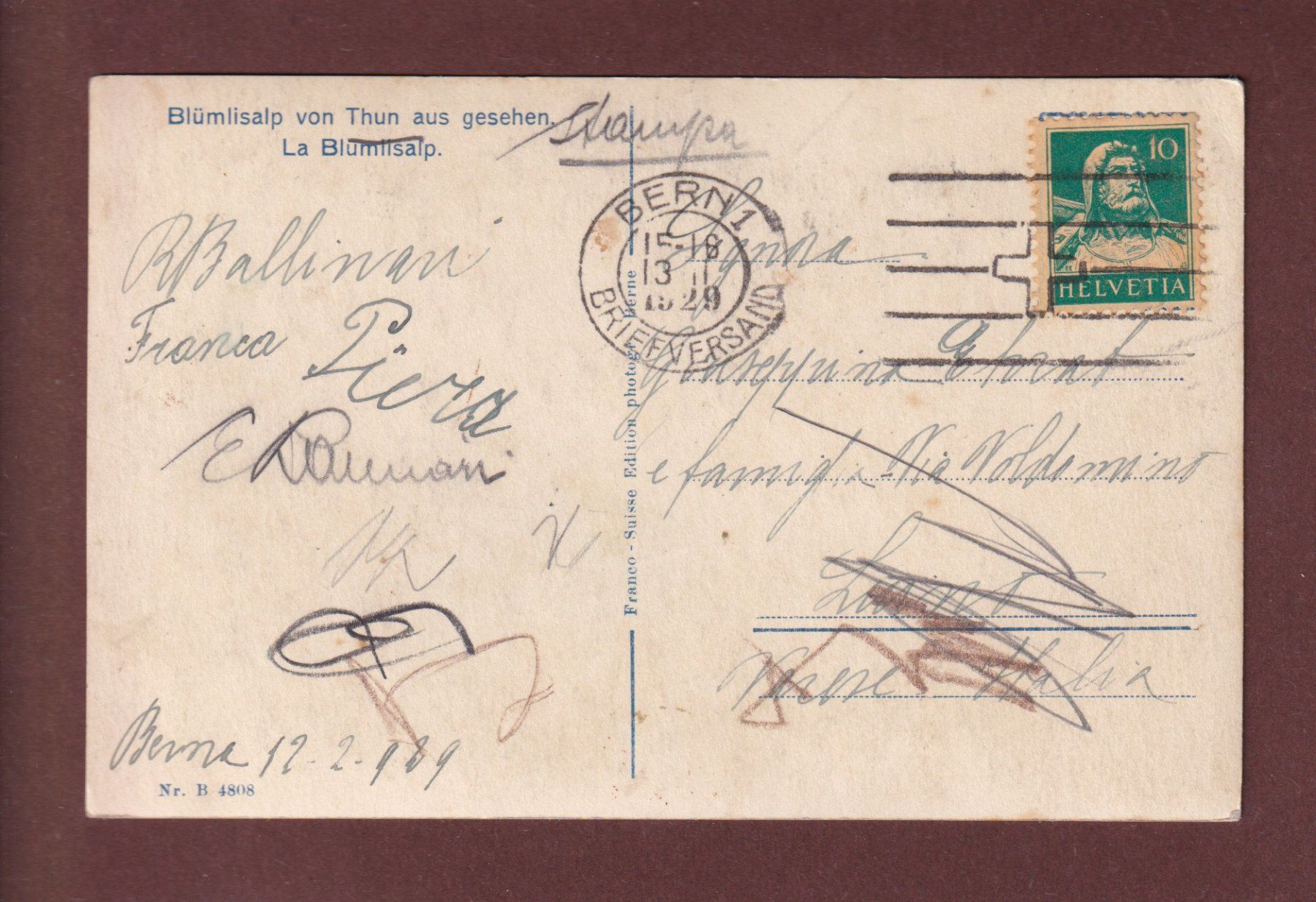 Cartoline postali: THUN - Blümlisalp - 1929 – Usato da Pully venduto da nicecards 1