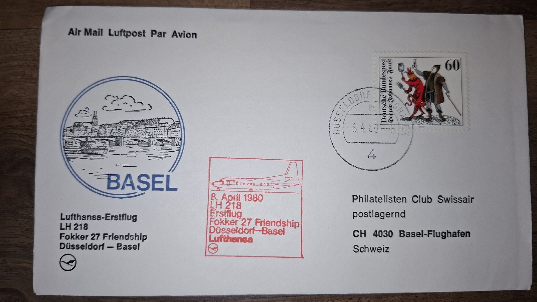 Tutti i francobolli: Lufthansa Düsseldorf - Basel 08.04.1980 – Usato da Balgach venduto da SIMEON27