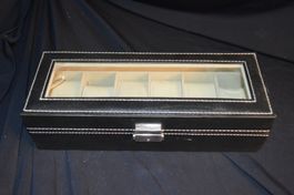 Uhrenbox Lederoptik f. 6 Uhren schwarz mit Glasdeckel neu
