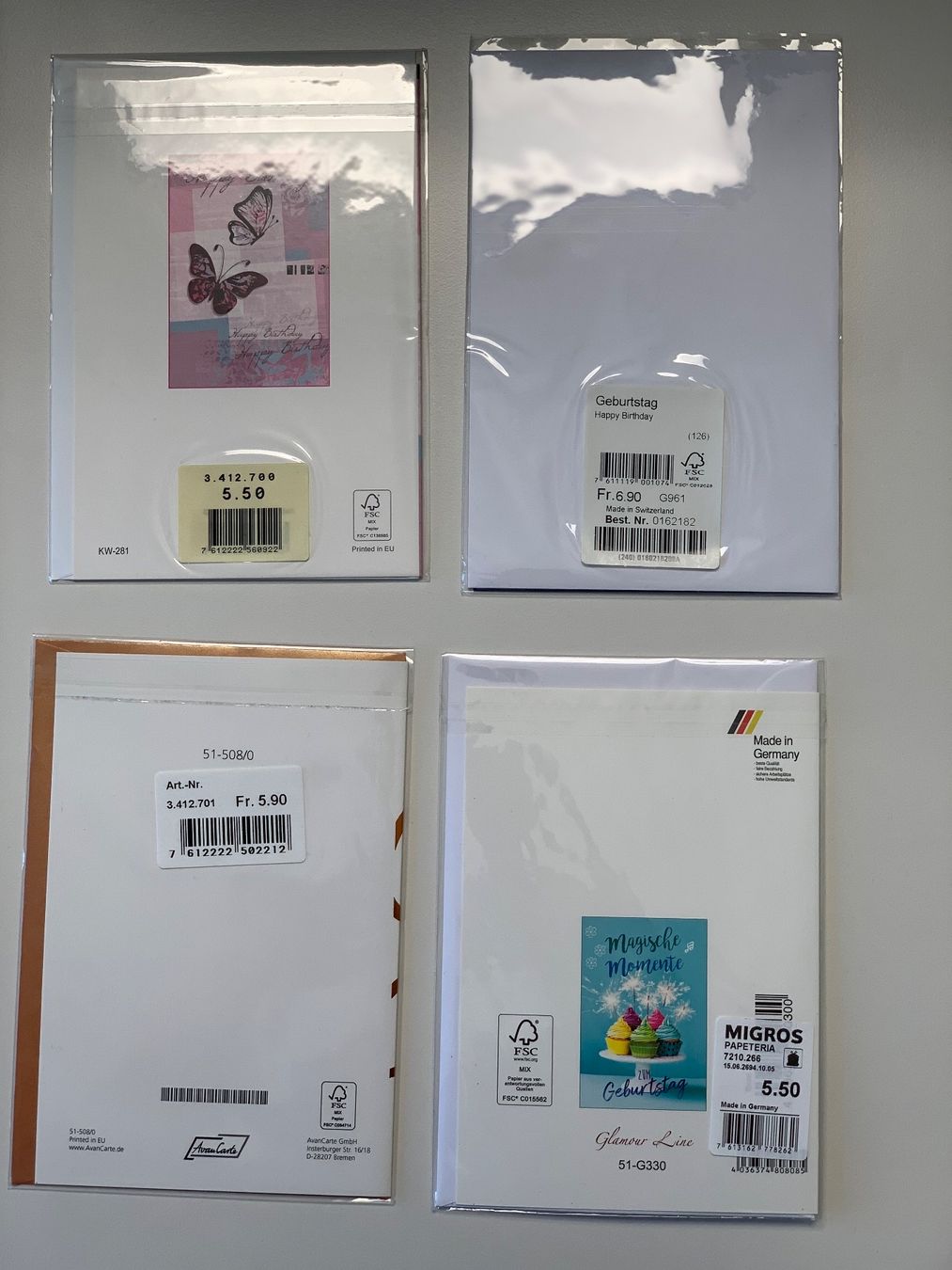 Cartoline: 4er-Set Geburtstagskarten / Grusskarten, neu – Nuovo e nell'imballaggio originale da Windisch venduto da rhu_wd8q 1