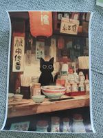 Affiche illustrée chat noir style japonais état neuf