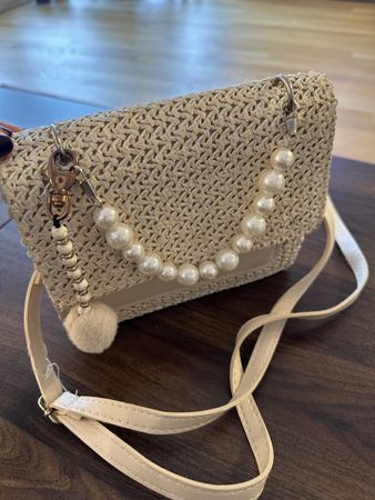 Sommer Tasche Beige mit Perlen - Gebrauchsspuren