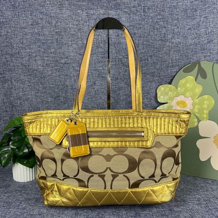 Coach Handtasche C-Logo Gold/Braun Canvas Leder 43x26cm