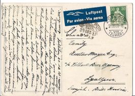 Luftpost 1938 von Zollikon ZH nach Lyallpur, Indien