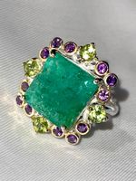 Green Beryl 16cts & Gemstones SS925 14k Gold Vermeil Ring