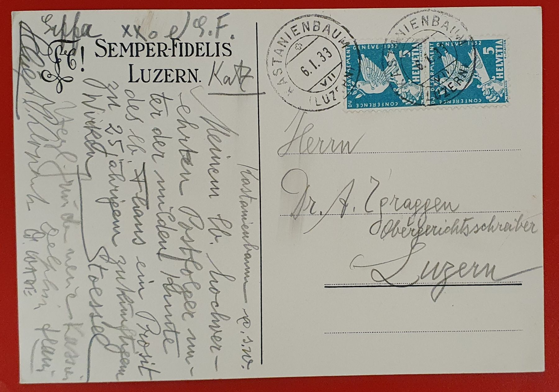 Cartoline postali: Luzern 1933, Semper Fidelis – Usato da Kreuzlingen venduto da Rschweiz1 1