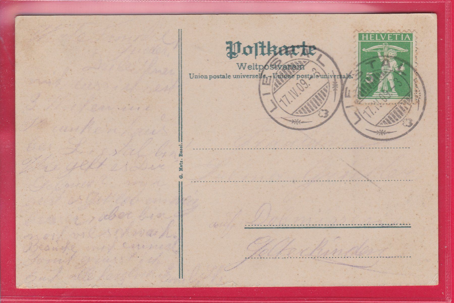 Cartoline postali: LIESTAL, HERWEGH-DENKMAL, 17.4.1909 – Usato da Oberrieden venduto da Gebirgsstelze 1