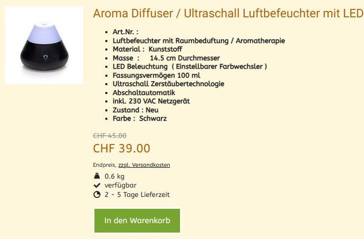 Diffusori di oli essenziali: Ultraschall Aromadiffuser 62   , NEU – Nuovo e nell'imballaggio originale da Hagenbuch ZH venduto da cougar1 1