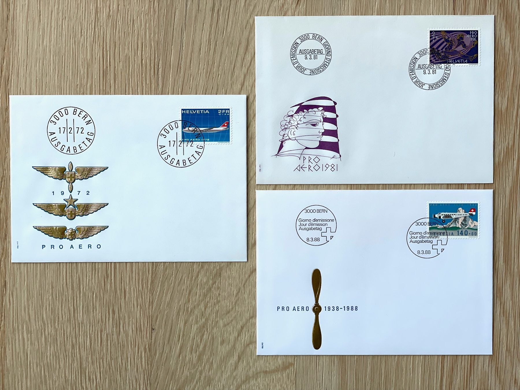 Alle Briefmarken: Pro Aero Ersttagsbriefe 1972, 1981 und 1988 – Neu (gemäss Beschreibung) aus Zürich von Marfe1