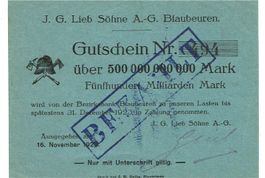 Blaubeuren 500 Mrd.Mark blaues Papier+Stempel 11.23 VZ+-VZ++