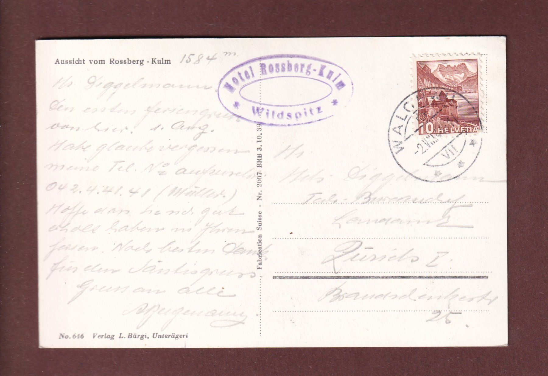 Cartoline postali: Aussicht vom ROSSBERG-KULM - 1944 – Usato da Pully venduto da nicecards-shop 1