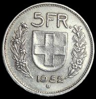 Top Silber 5 Franken 1952 Schweiz Rar