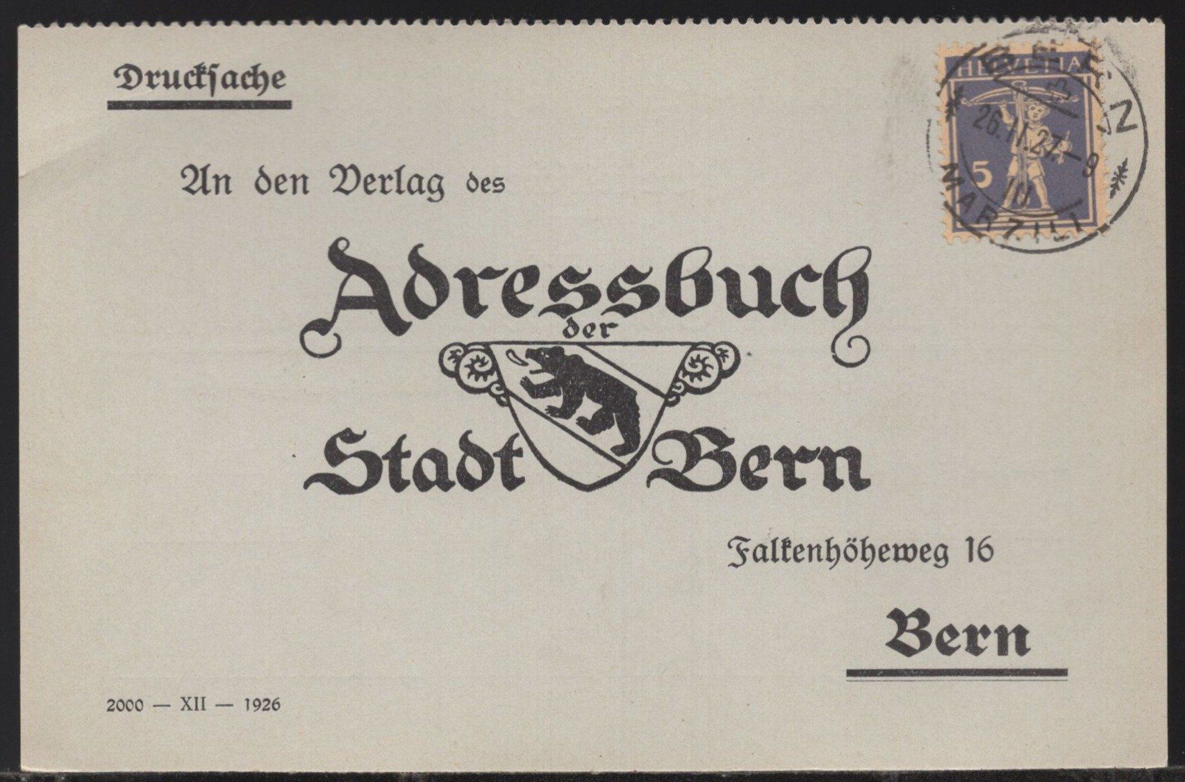 Tutti i francobolli: Adressbuch Stadt Bern  1927 – Usato da Aarau venduto da kufi44