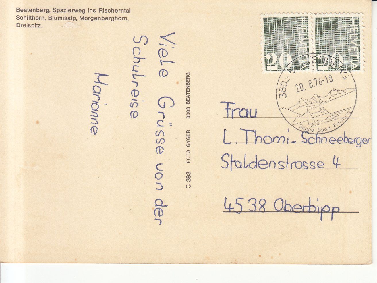 Ansichtskarten: Beatenberg Rischerntal 1976 – Gebraucht aus Bürglen TG von StampGraf 1