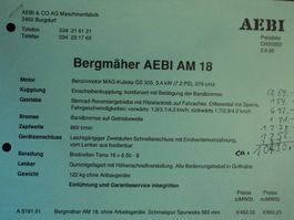 Prospekt Preisliste Bergmäher AEBI AM 18 von 1995