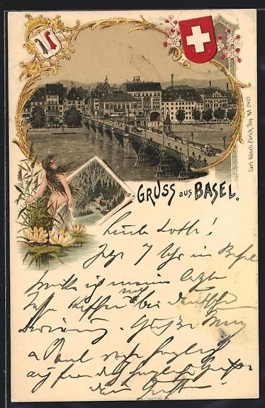 Cartoline postali: Litho Basel, Ortspartie mit Brücke – Usato da Berlin venduto da bartko-reher