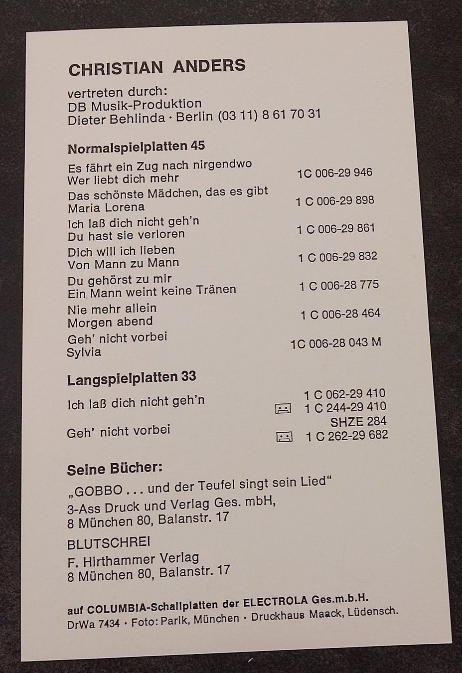Autogramme: Autogramm / Postkarte Christian Anders 70er mit Unterschrift – Gebraucht aus Wohlen AG von salamanderspielwaren 1