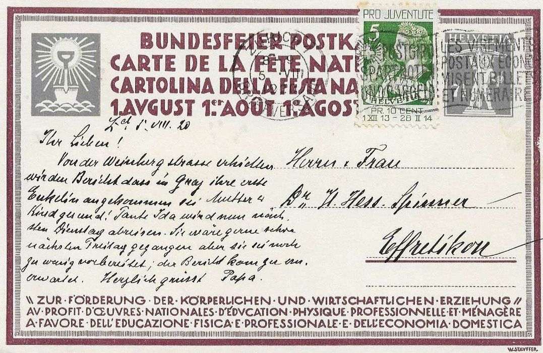Ansichtskarten: AK BUNDESFEIER 1920 TURNER – Gebraucht aus Schlossrued von Aronliam 1