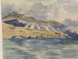 Aquarellmalerei See und Berge gerahmte Vintage-Kunst...