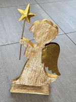 Holz-Engel - Stern - natur - Kupfer - vergoldet - 36 cm