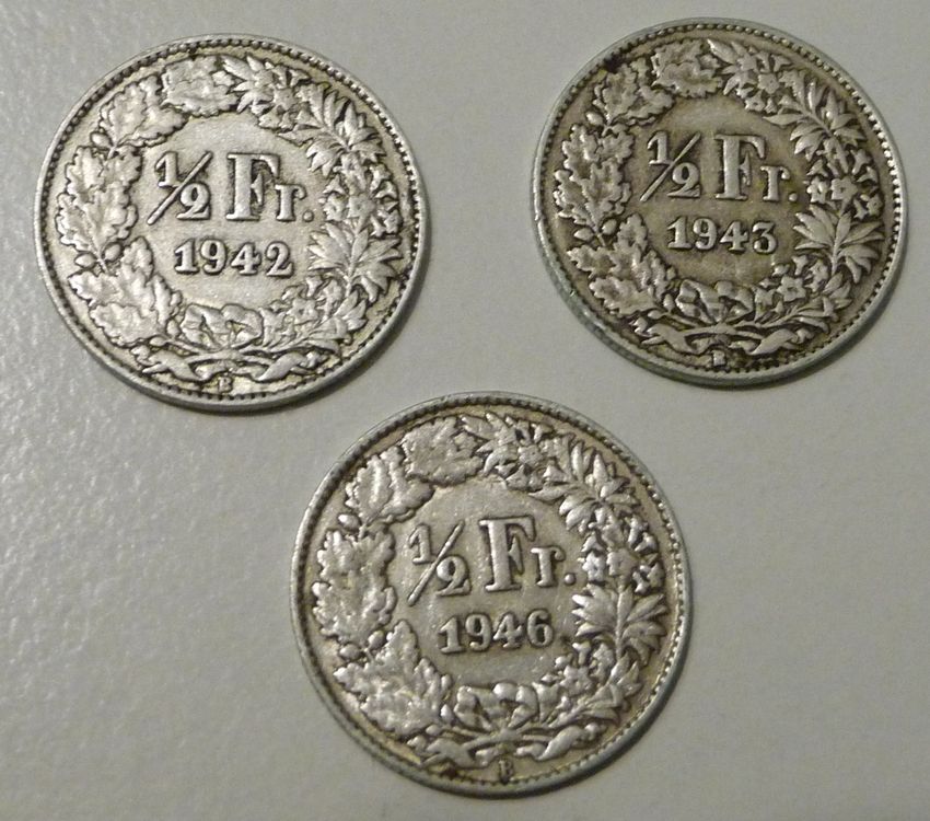 3 Stück Silber 50-Rappen verschiedene wählbare Jahre ab 1942 (Neu und ...