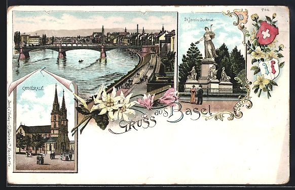 Ansichtskarten: Litho Basel, Ortsansicht mit Rheinbrück – Gebraucht aus Berlin von bartko-reher