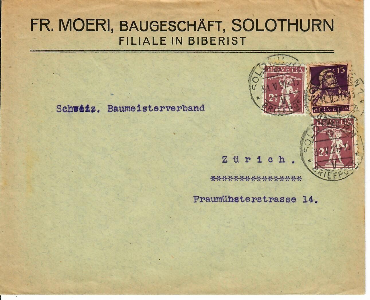 Alle Briefmarken: Brief, Fr. Moeri Baugeschäft Solothurn 1921 – Gebraucht aus Hochdorf von Ziegel-16