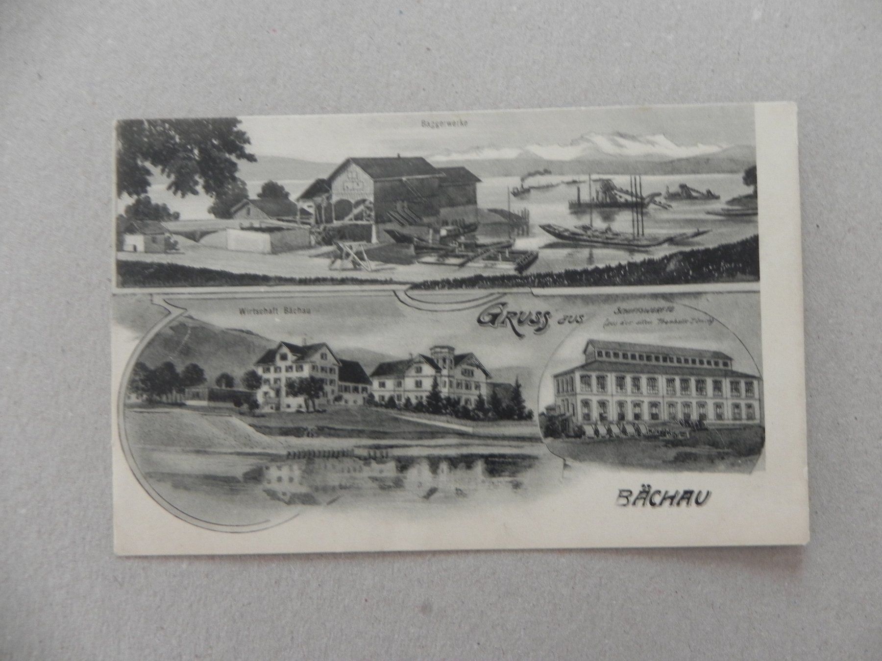 Cartoline postali: Karte Bäch Bächau SZ Wirschaft Bagger Schiff Boot Werft 1910 – Usato da Siebnen venduto da krimsie
