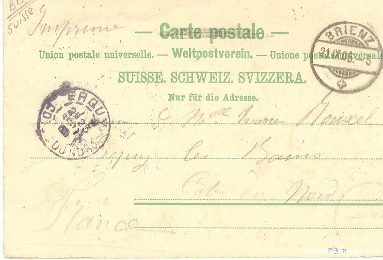 Cartoline postali: Brienz - vom See her + 1905 – Usato da Emmenbrücke venduto da teestube 1
