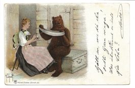 Bärenkarte - Bär hilft Trachtenfrau - Wolle wickeln - 1903