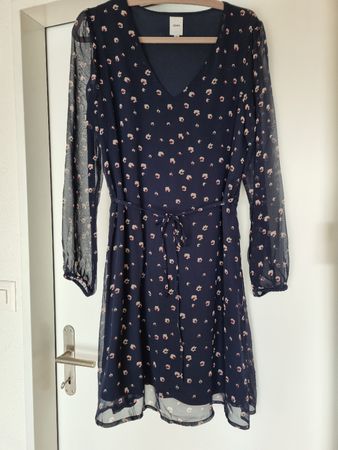 ICHI Kleid Damen Gr. 38 Dunkelblau Blumenmuster Midi