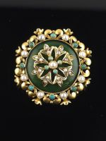 ✨ Antike 14K Goldbrosche mit Jade, Perlen & Türkisen –9.38gr