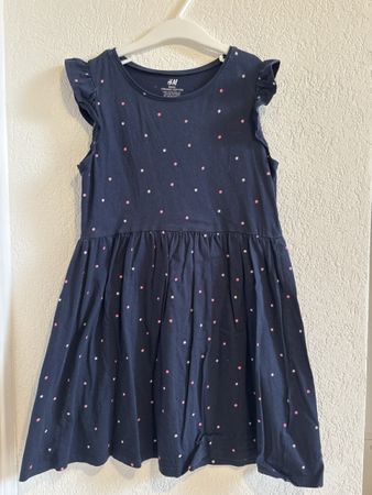 Robe d'été H&M bleu marine à pois roses et blancs 8 ans