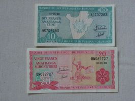 Burundi Banknoten, 10 und 20 Francs, Jahrgang 1988, Top!