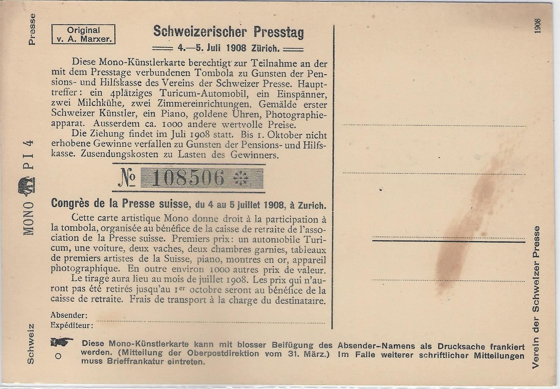 Cartoline postali: Carte Mono - Schweizerischer Presstag – Usato da Ettingen venduto da Kartenplanet 1