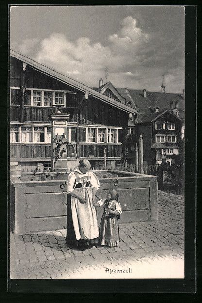 Cartoline postali: Appenzell, Ortsansicht mit Appenzellerin – Usato da Berlin venduto da bartko-reher