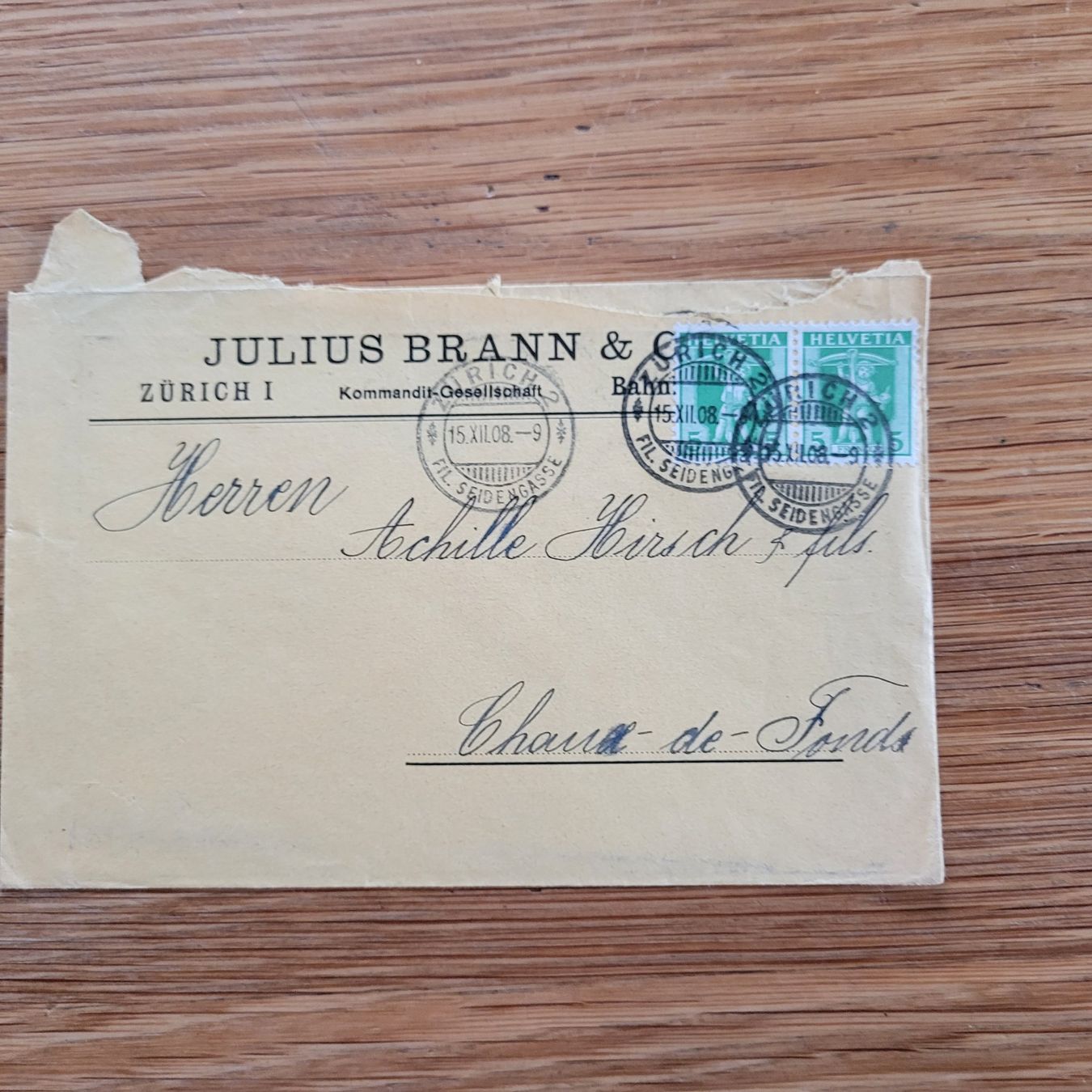 Tutti i francobolli: Brief Lettre Julius Brann Zürich 1908 CDF – Usato da Biel/Bienne venduto da Destockweb