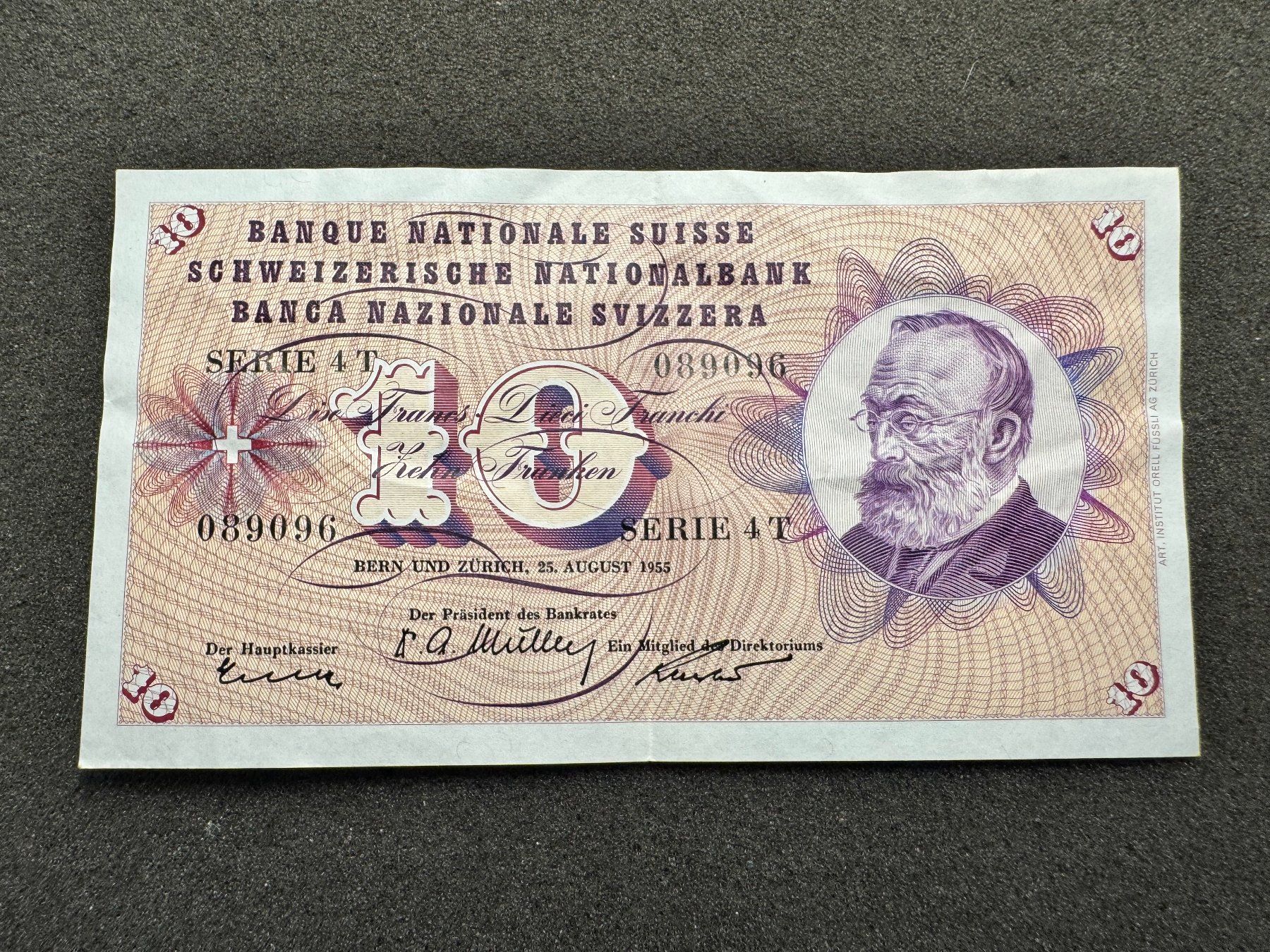 Banknoten: 10 Franken Banknote Keller 1955 - 096 – Gebraucht aus Reitnau von tb-muenzen