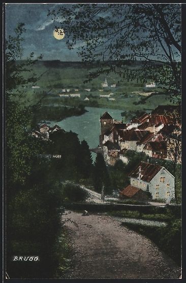 Cartoline postali: AK Brugg, Teilansicht bei Mondschein – Usato da Berlin venduto da bartko-reher